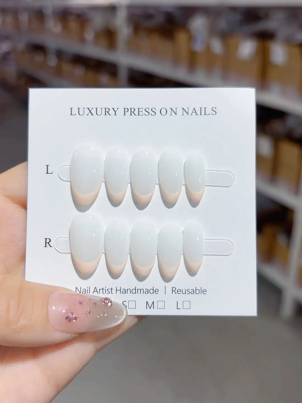 handmade press on nails short almond french design, angled display