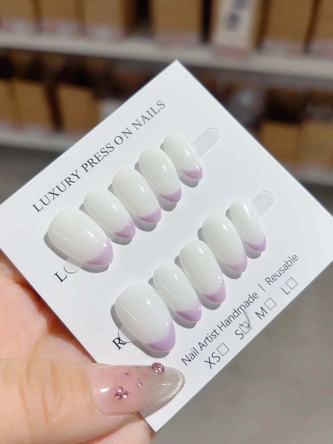 handmade press on nails short almond purple french style, angled detail