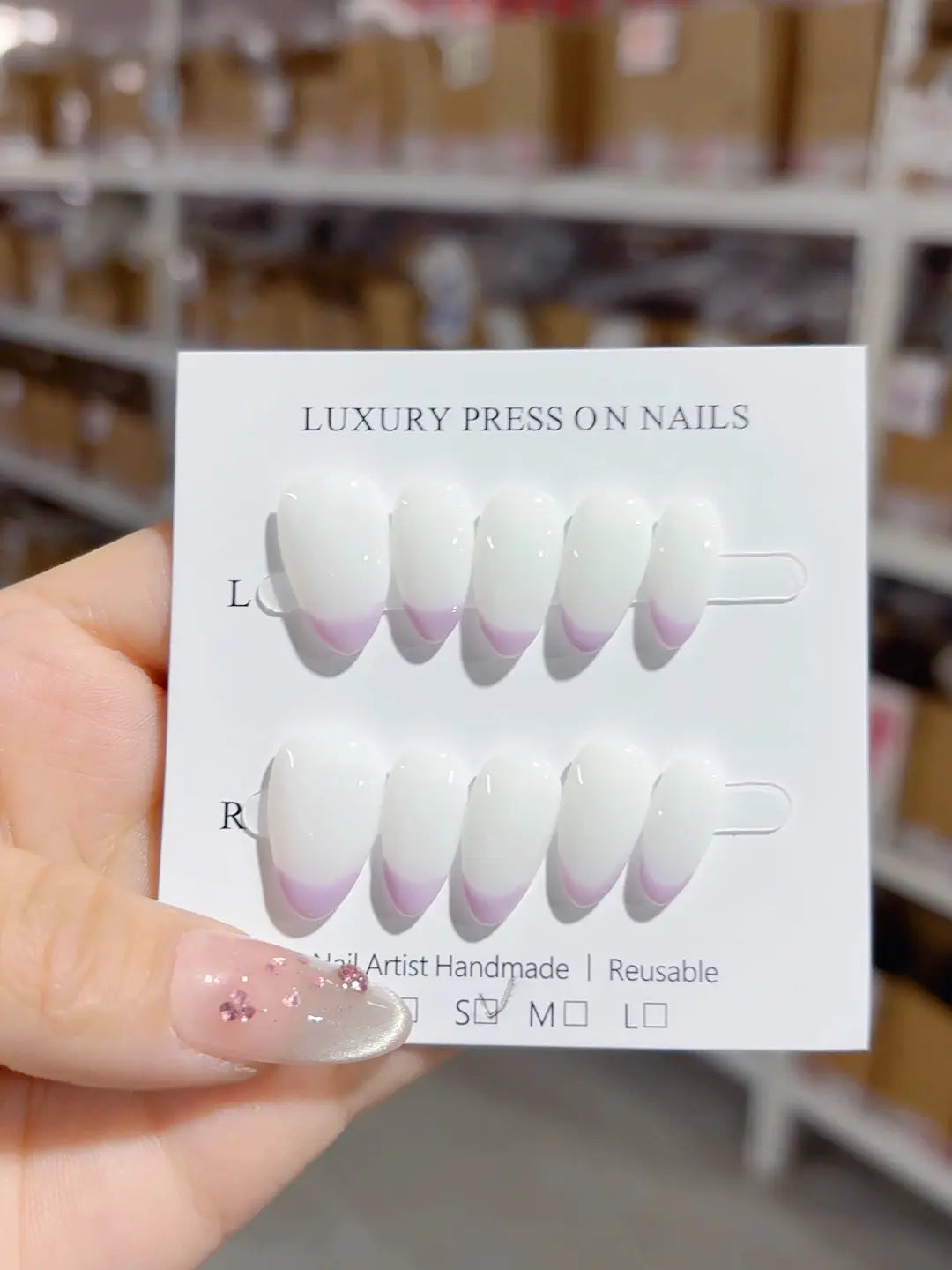 handmade press on nails short almond white base with purple tips, full set display