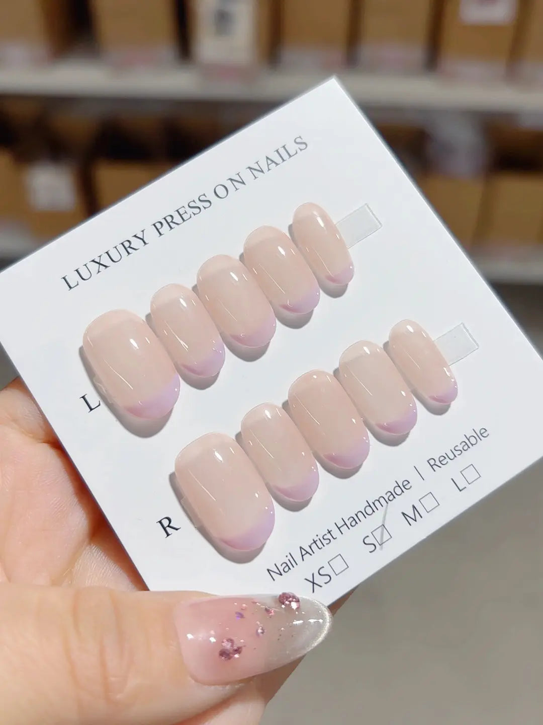 handmade press on nails short oval with nude base and purple French tips full set