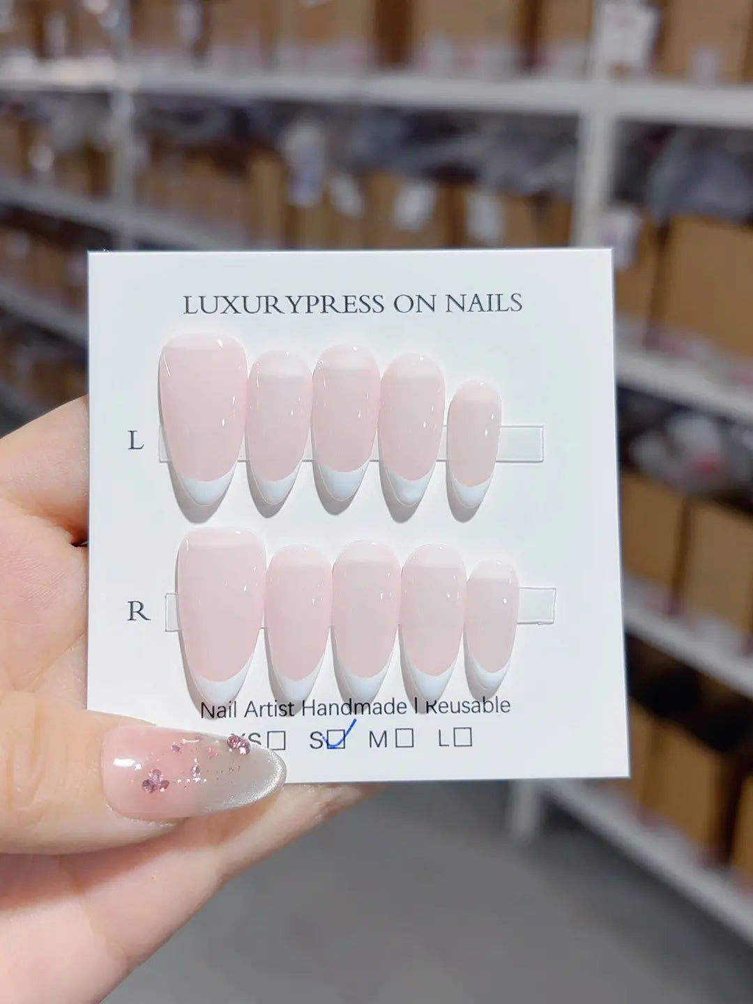 handmade press on nails short square pink french, centered display
