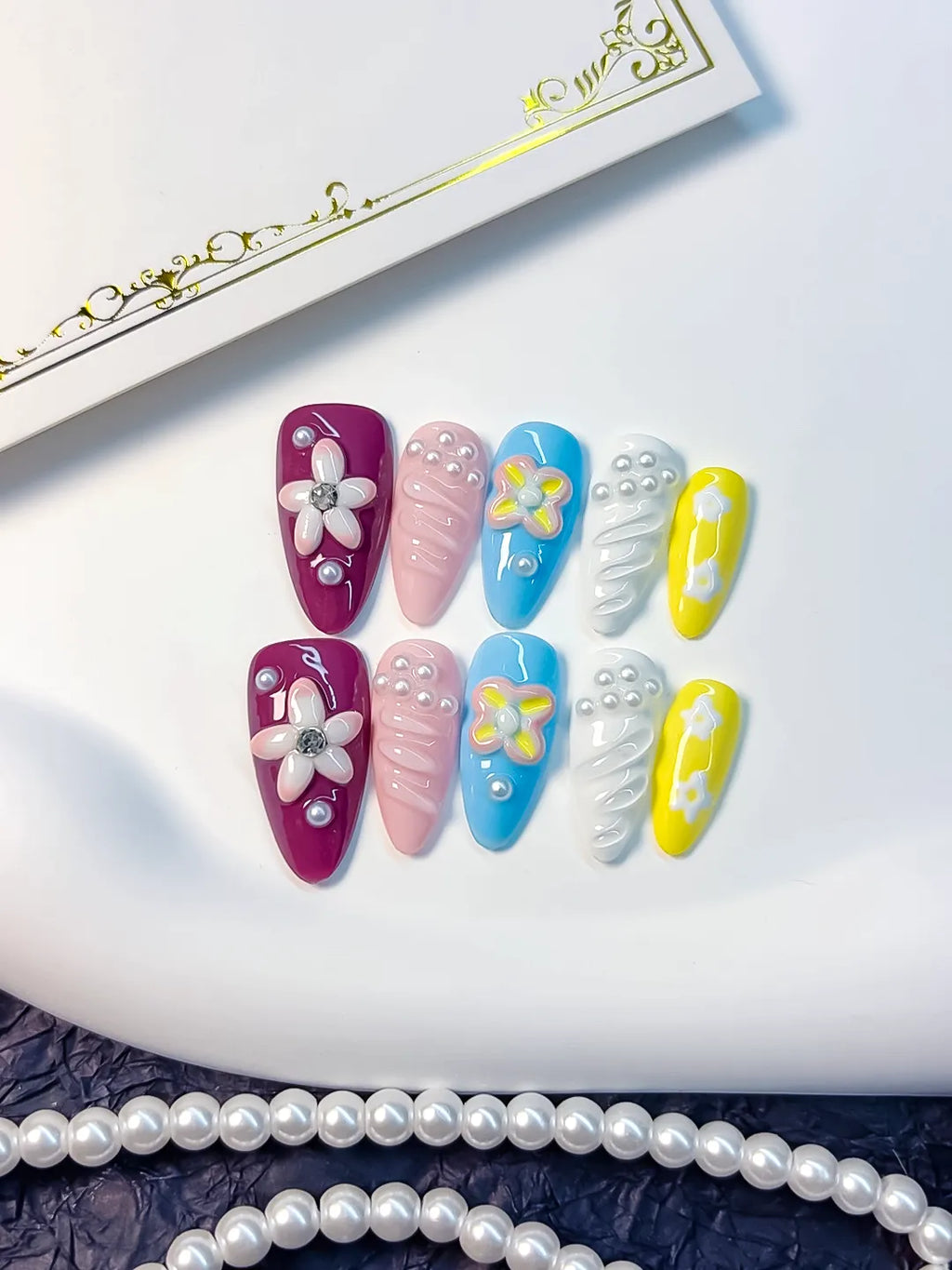 Purple Pink Blue Yellow White Floral Flower Pearl press on nails detail view