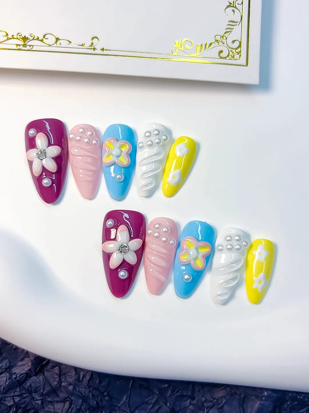 Purple Pink Blue Yellow White Floral Flower Pearl press on nails detail view