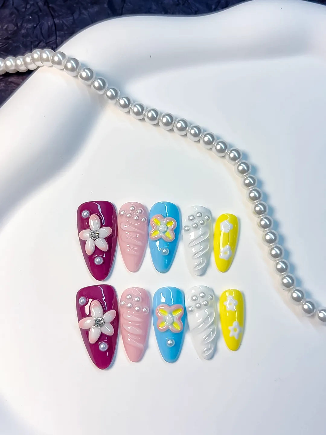 Purple Pink Blue Yellow White Floral Flower Pearl press on nails detail view