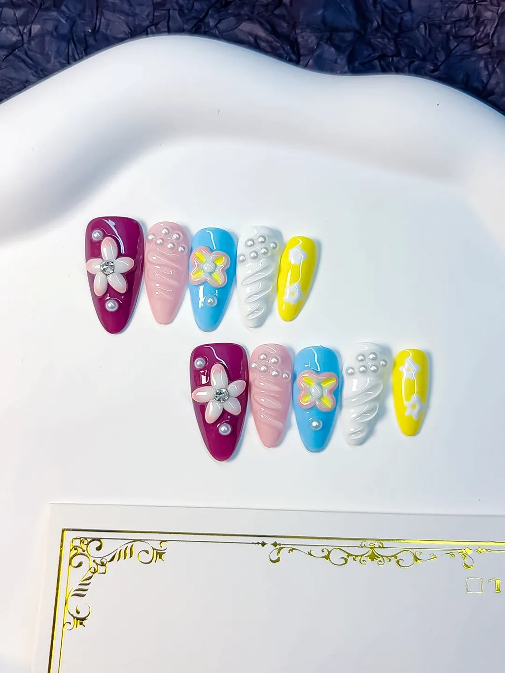 Purple Pink Blue Yellow White Floral Flower Pearl press on nails detail view