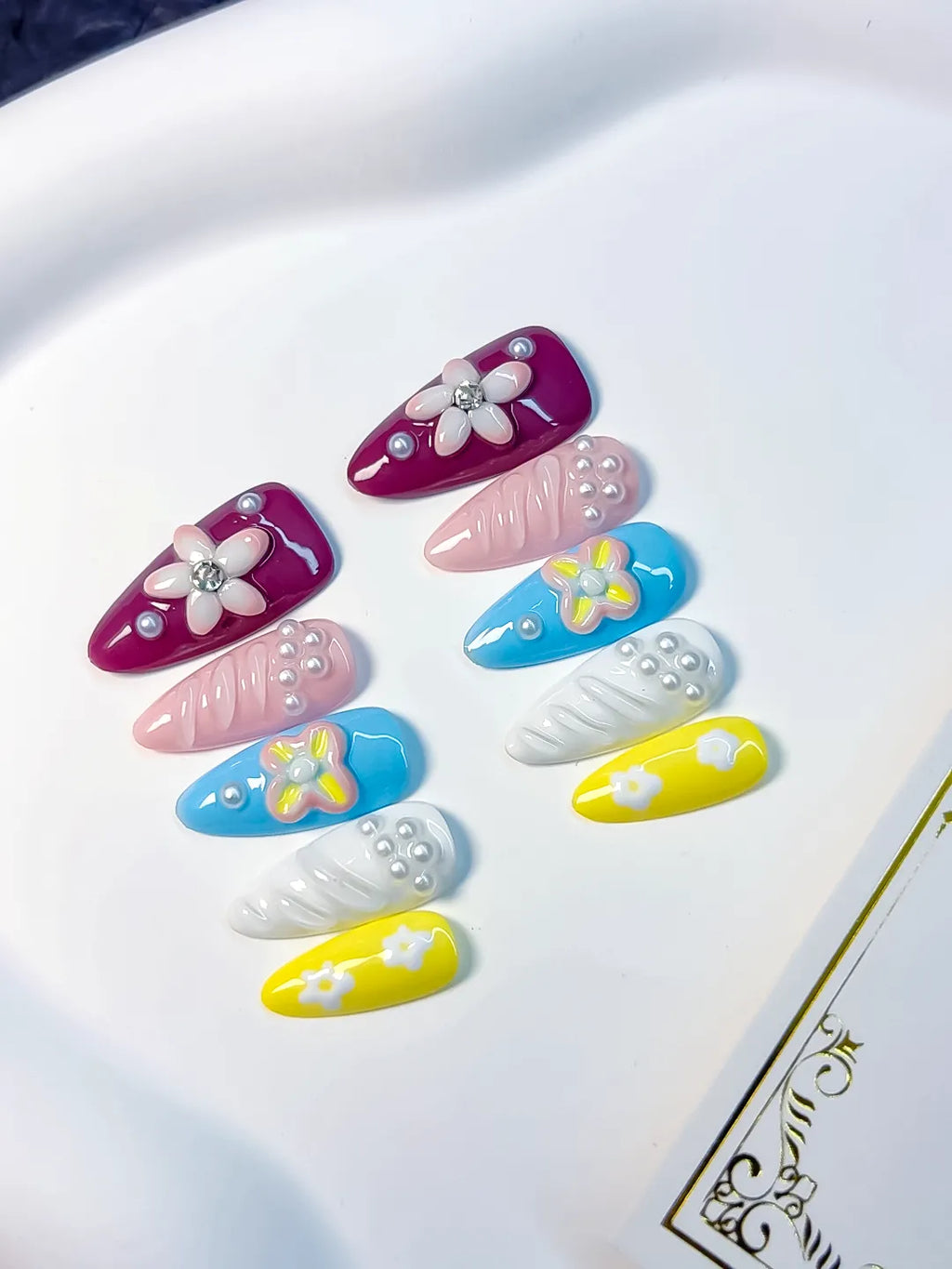 Purple Pink Blue Yellow White Floral Flower Pearl press on nails close up