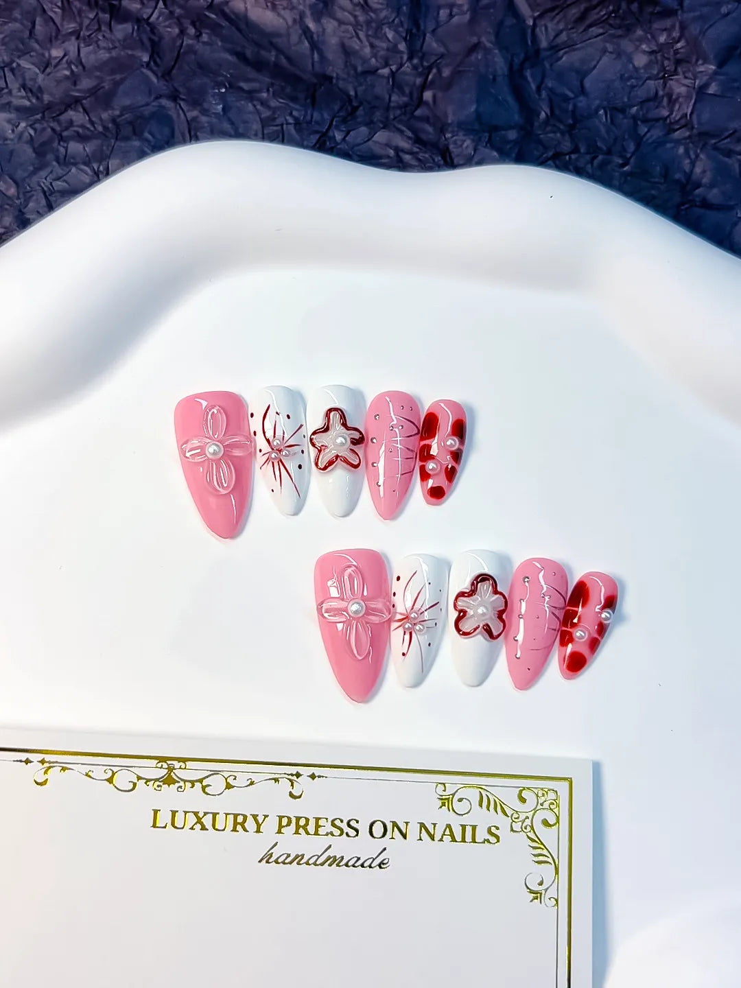 Pink White Red Abstract Bow Flower Pearl press on nails close up