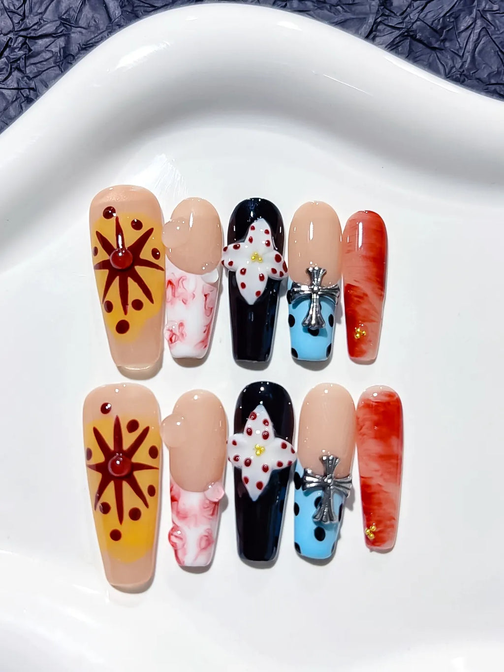 Nude Black Blue Orange Abstract Flower Cross press on nails full set view