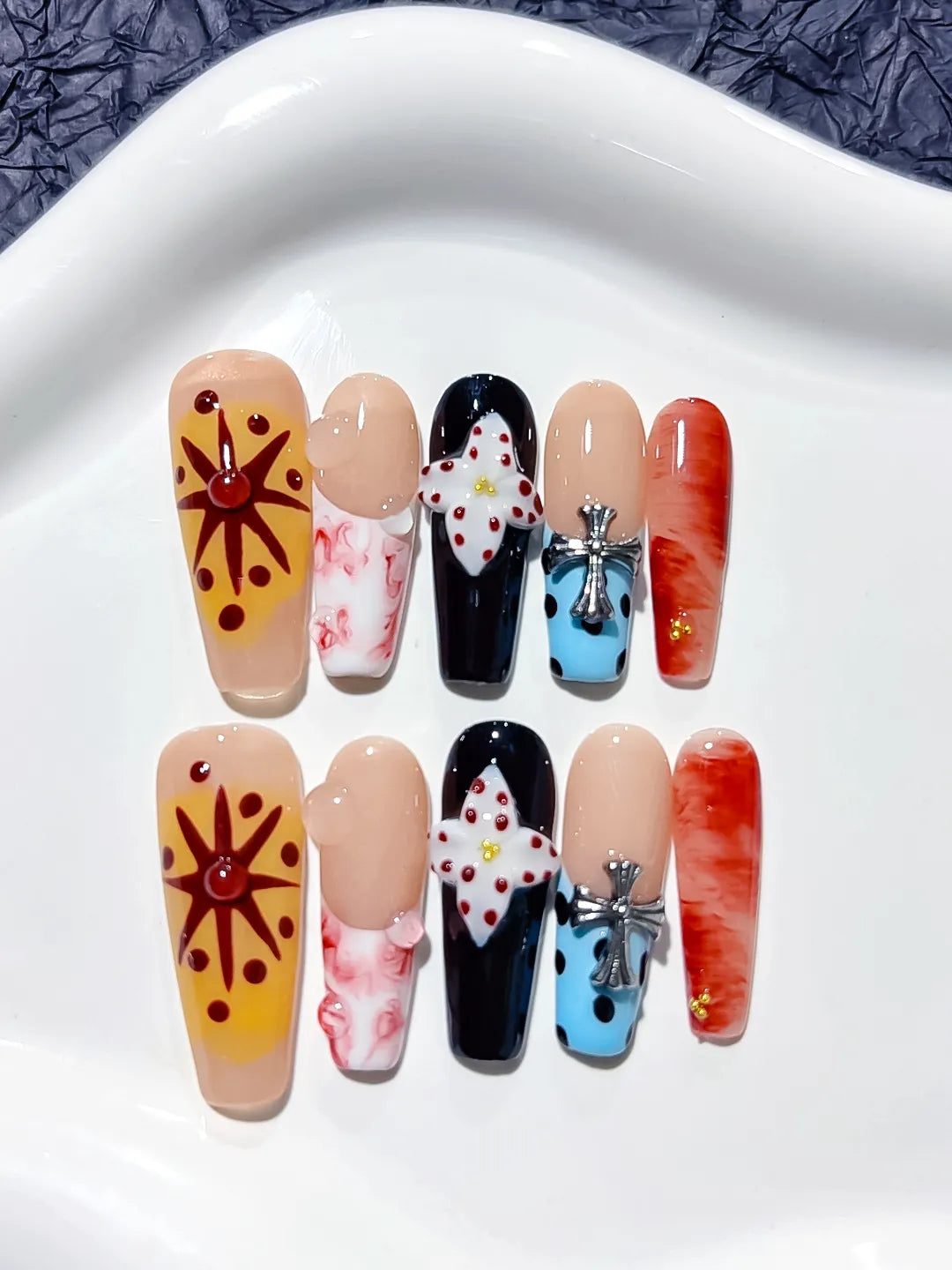 Nude Black Blue Orange Abstract Flower Cross press on nails full set view