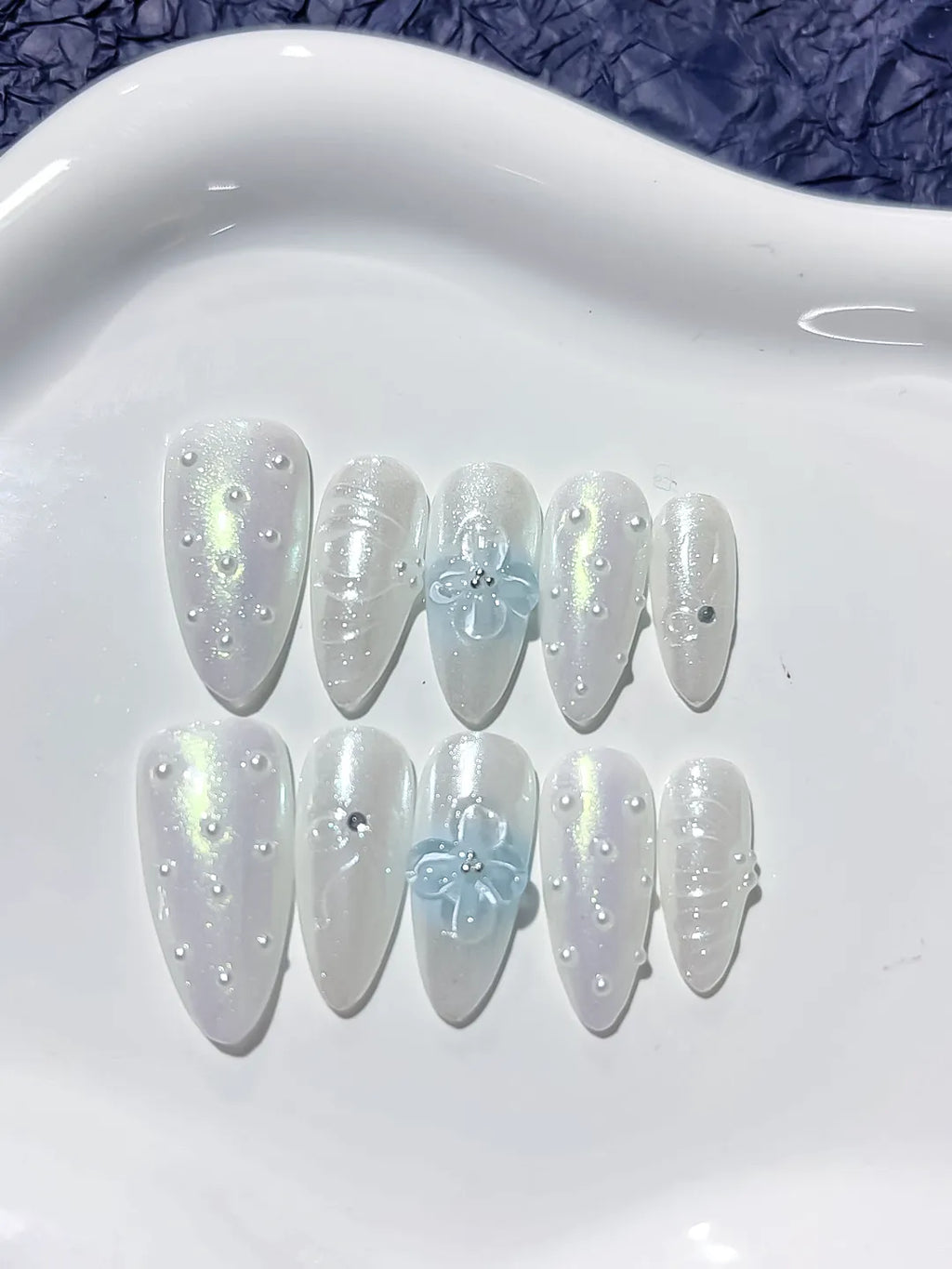 White Blue Silver Holographic Flower Pearl press on nails close up