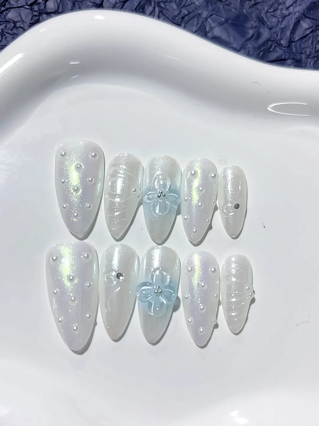 White Blue Silver Holographic Flower Pearl press on nails close up