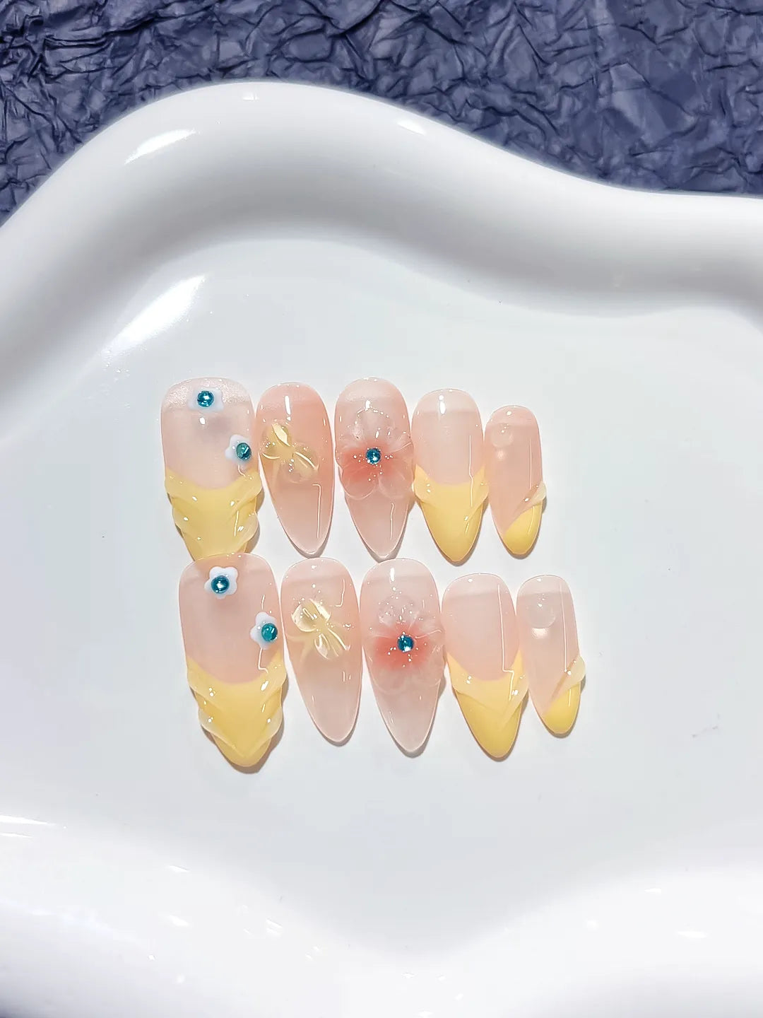 Nude Yellow French tip Flower Rhinestone press on nails close up