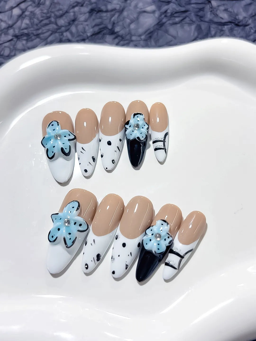 Nude Blue Black White Floral Flower Animal Print press on nails detail view
