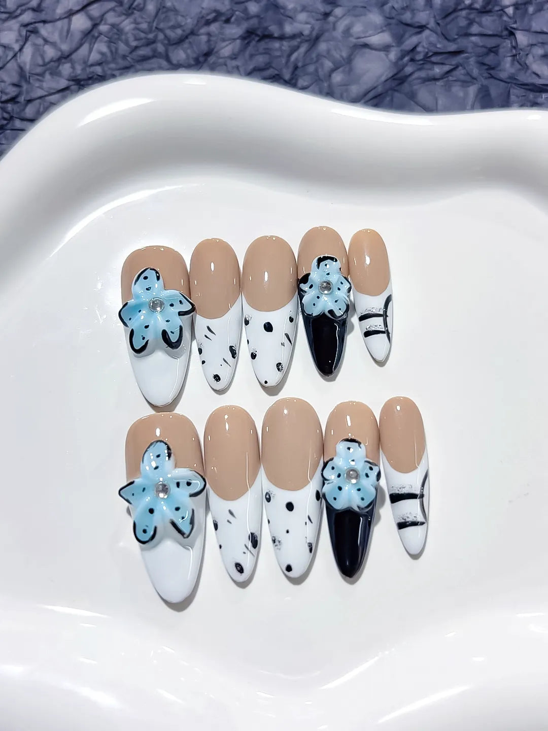 Nude Blue Black White Floral Flower Animal Print press on nails detail view
