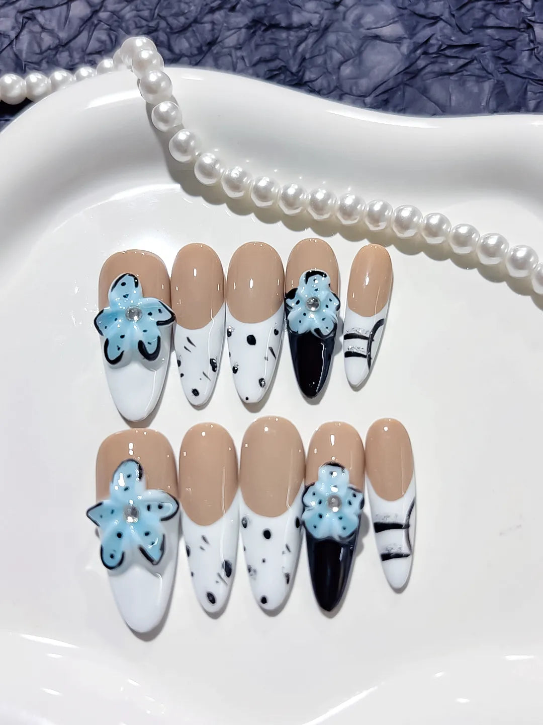 Nude Blue Black White Floral Flower Animal Print press on nails close up