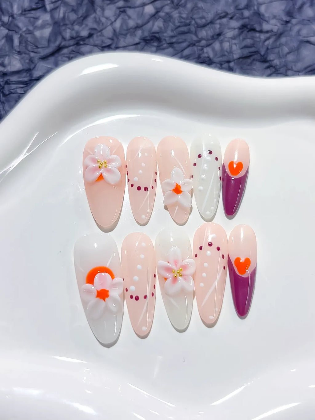 Pink White Red Floral Flower Heart press on nails detail view