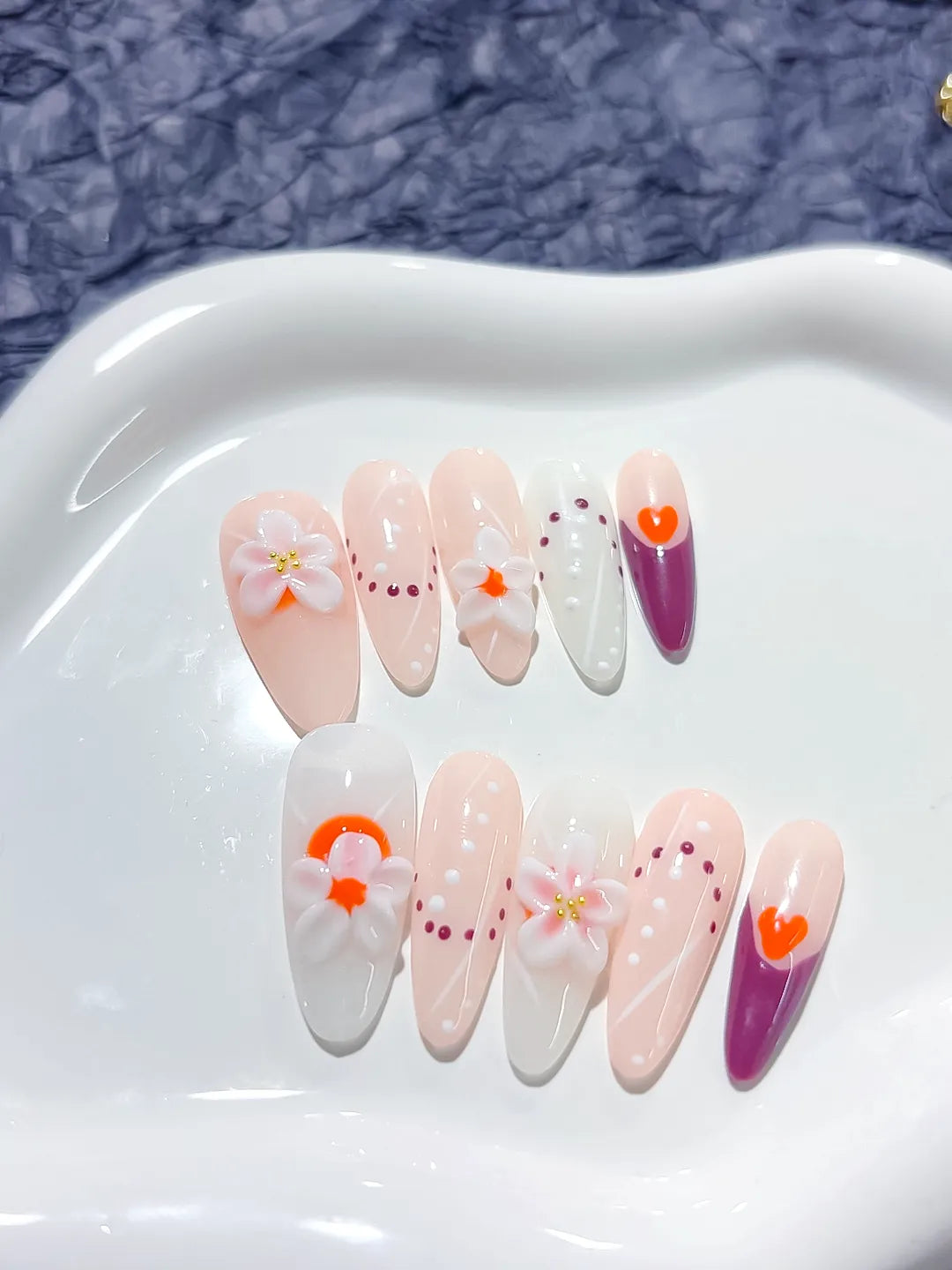 Pink White Red Floral Flower Heart press on nails detail view