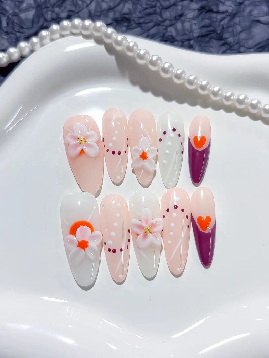 Pink White Red Floral Flower Heart press on nails close up