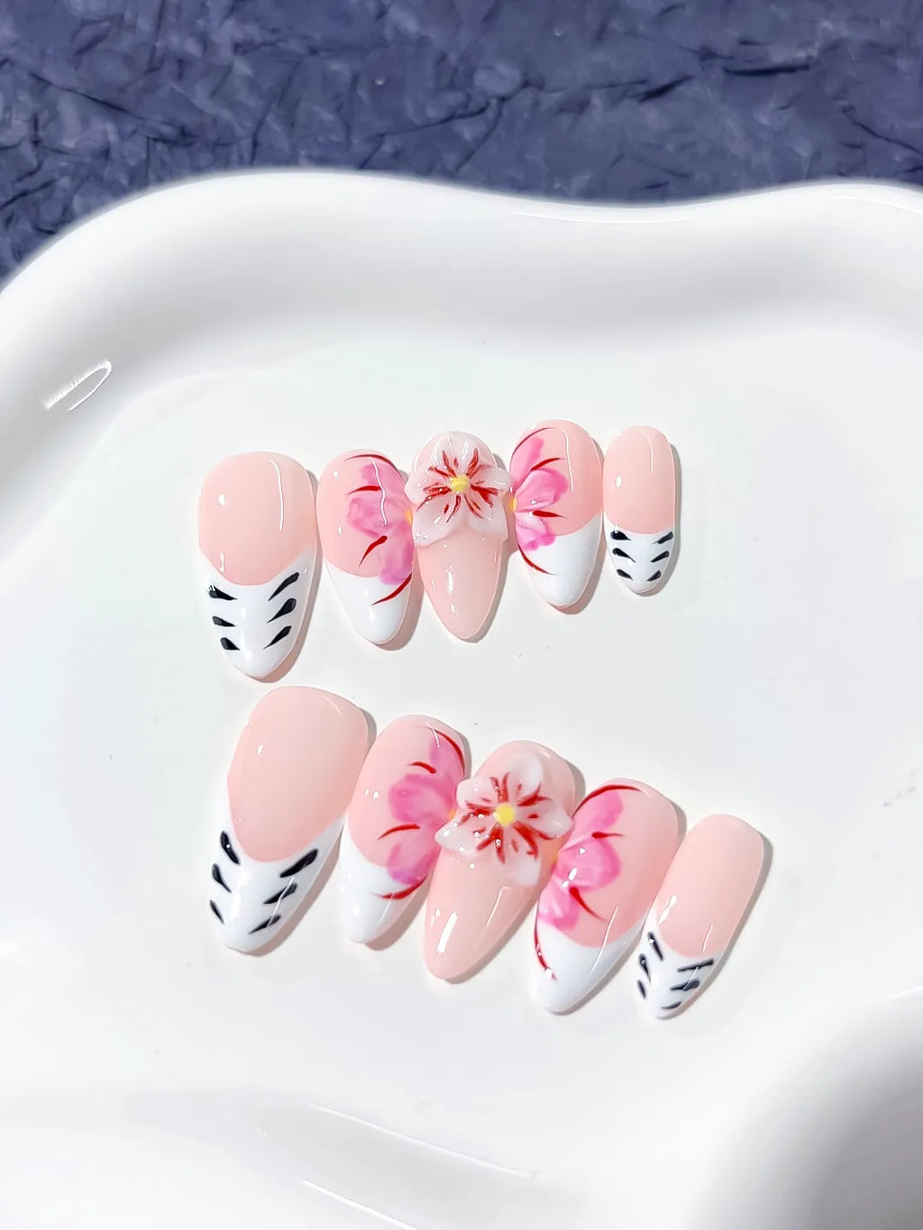 Pink White Black Floral Flower press on nails angled view