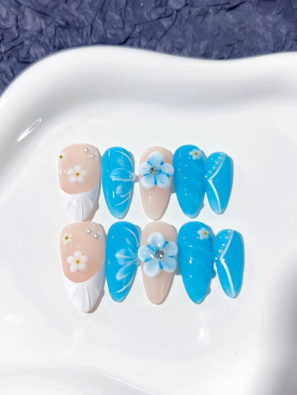 Blue Nude White Floral Flower press on nails close up