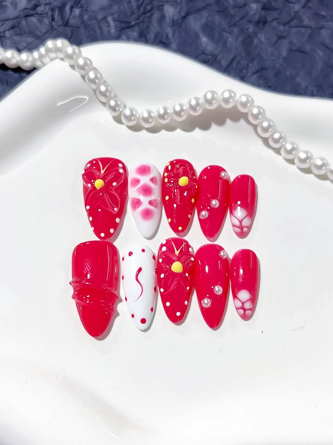 Red White Floral Flower Pearl press on nails angled view