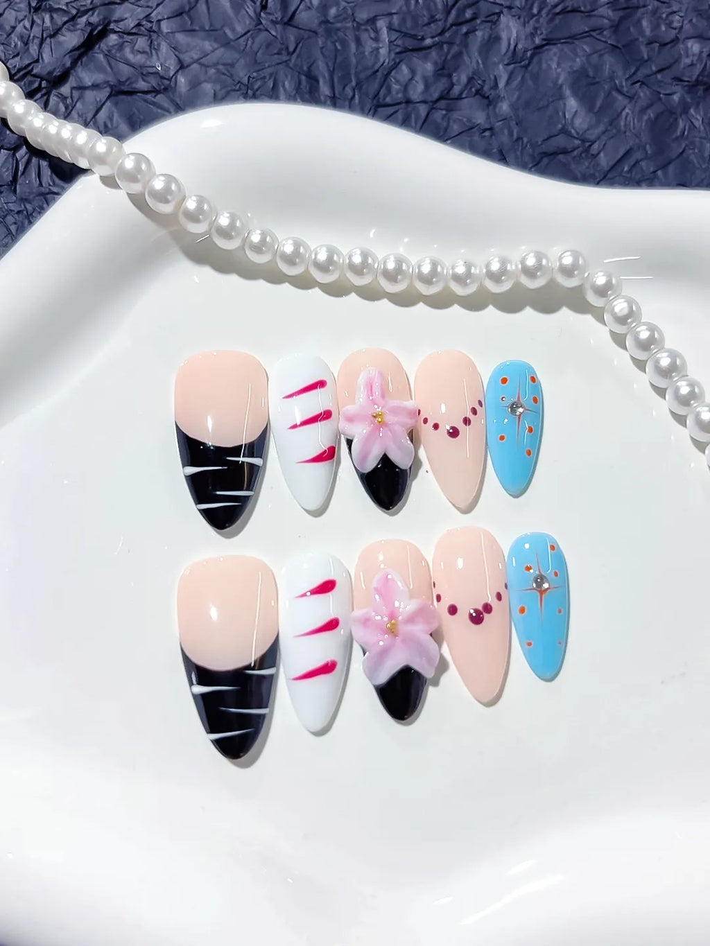 Nude Black Blue Pink Abstract Flower Bead press on nails detail view
