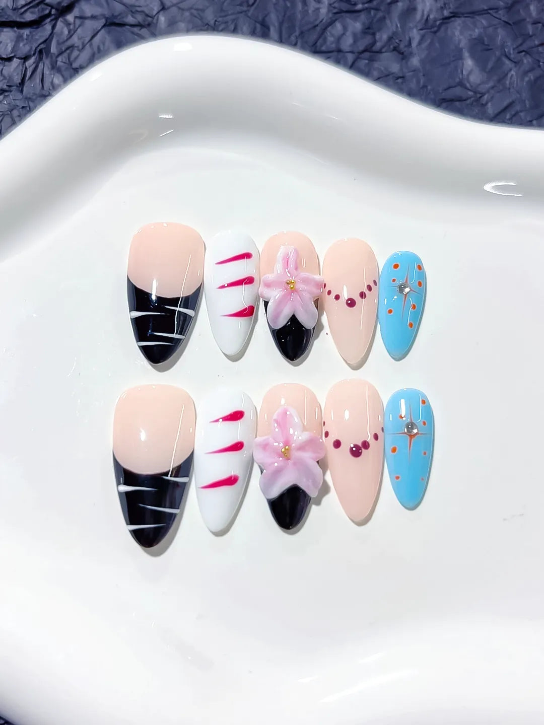 Nude Black Blue Pink Abstract Flower Bead press on nails detail view