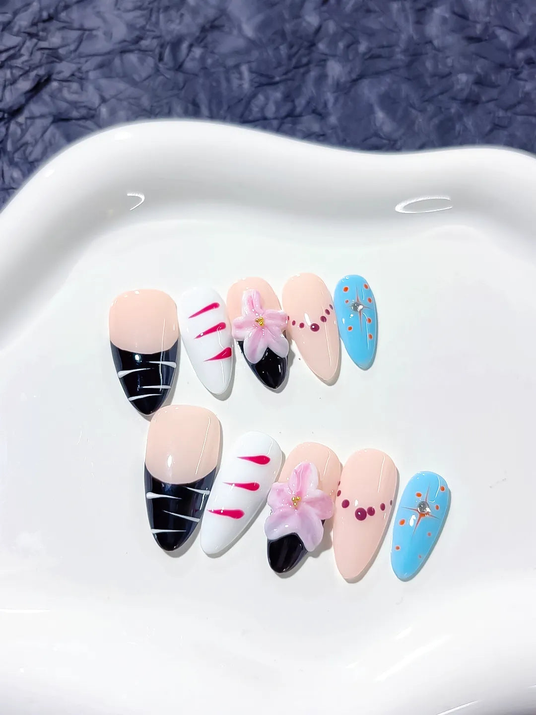 Nude Black Blue Pink Abstract Flower Bead press on nails close up