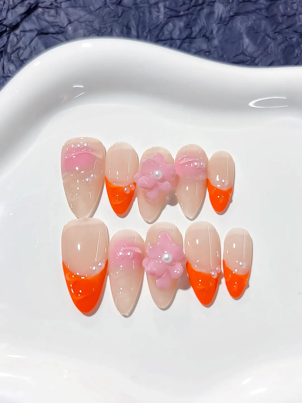 Nude Orange Pink French tip Flower Pearl press on nails detail view
