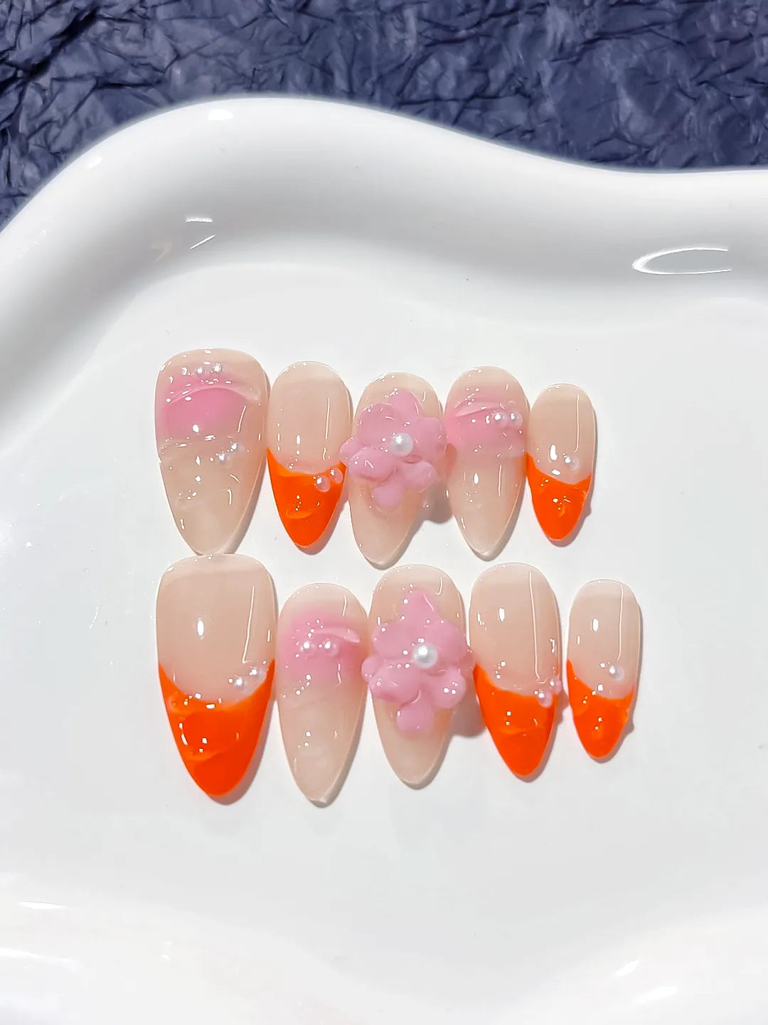 Nude Orange Pink French tip Flower Pearl press on nails detail view