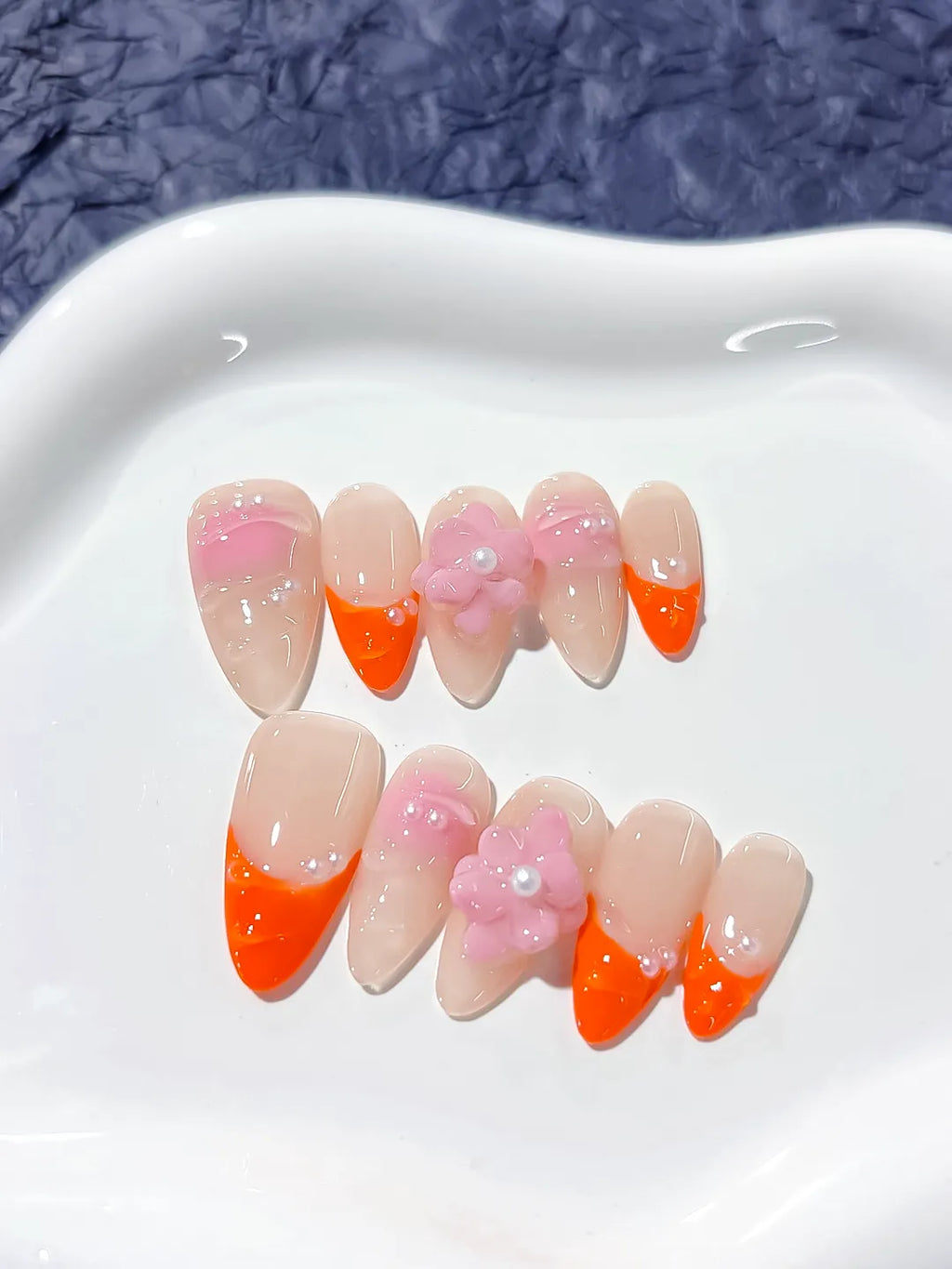 Nude Orange Pink French tip Flower Pearl press on nails detail view