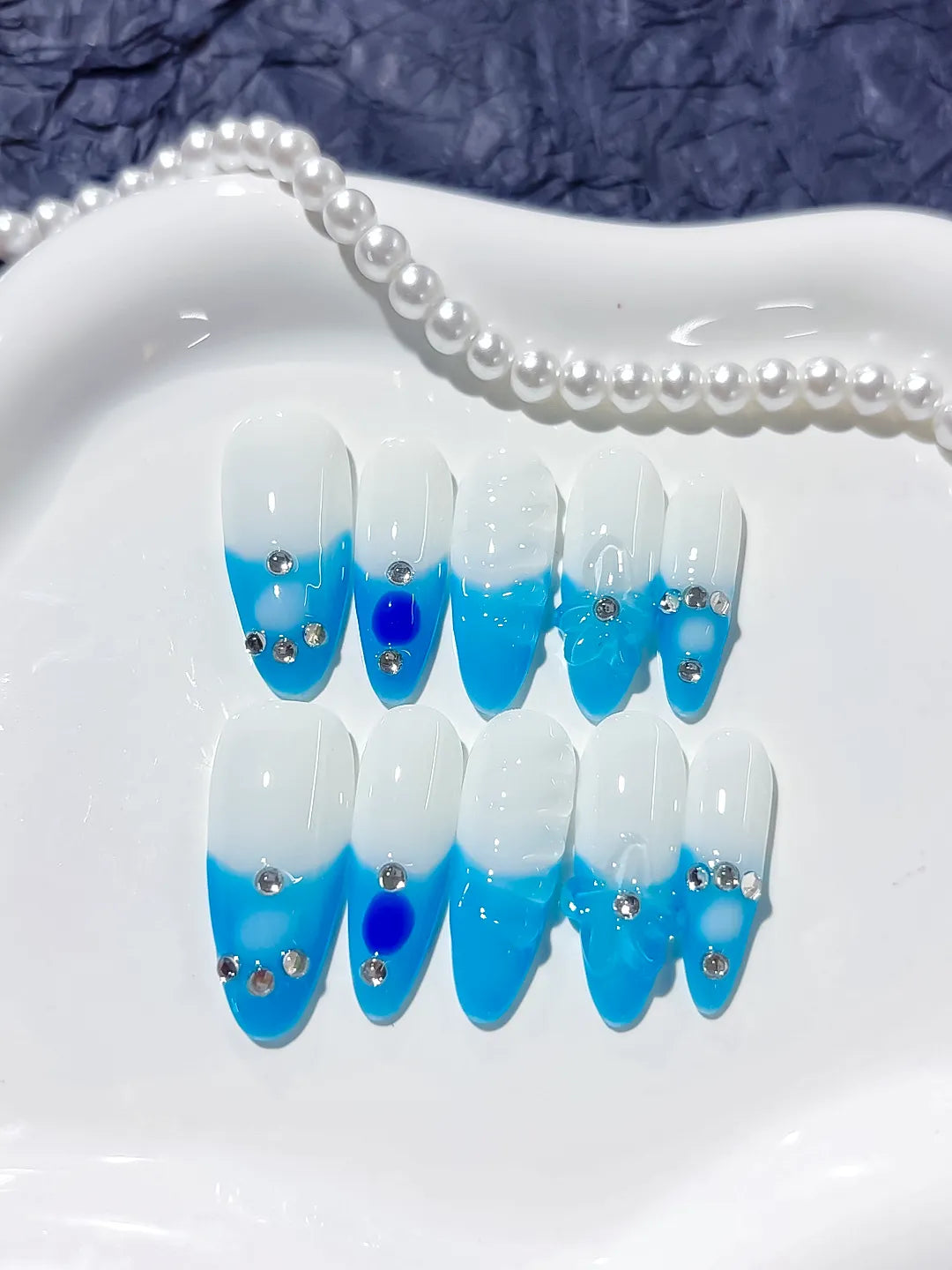 White Blue Ombre Rhinestone press on nails close up