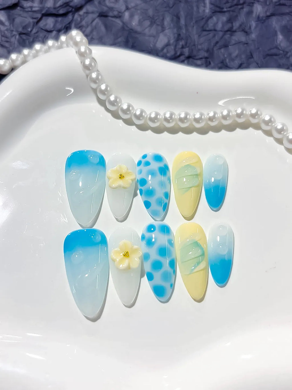 Blue White Yellow Abstract Flower Dot Pattern press on nails close up