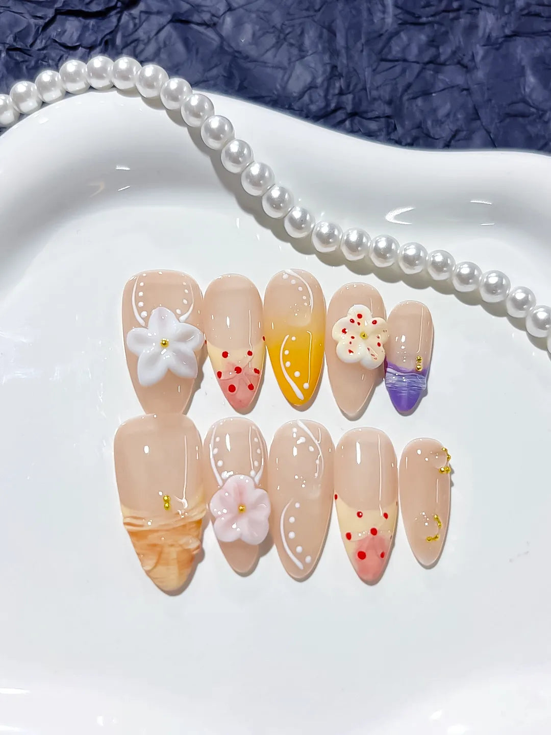 Nude Orange Purple Abstract Flower Dot Pattern press on nails detail view