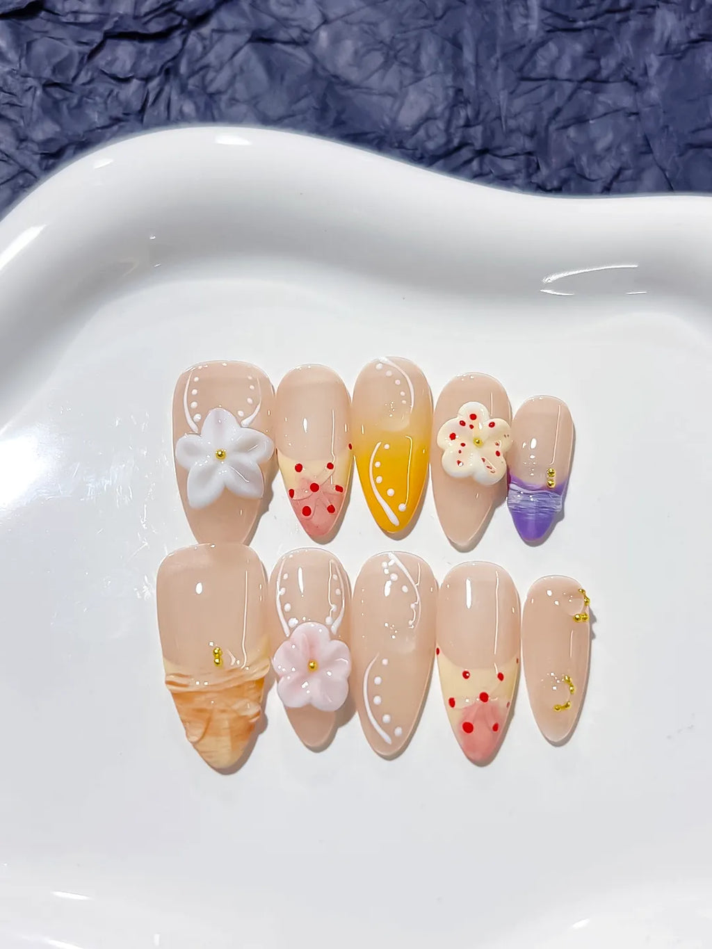Nude Orange Purple Abstract Flower Dot Pattern press on nails detail view