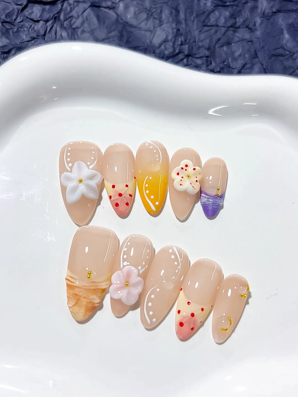 Nude Orange Purple Abstract Flower Dot Pattern press on nails close up