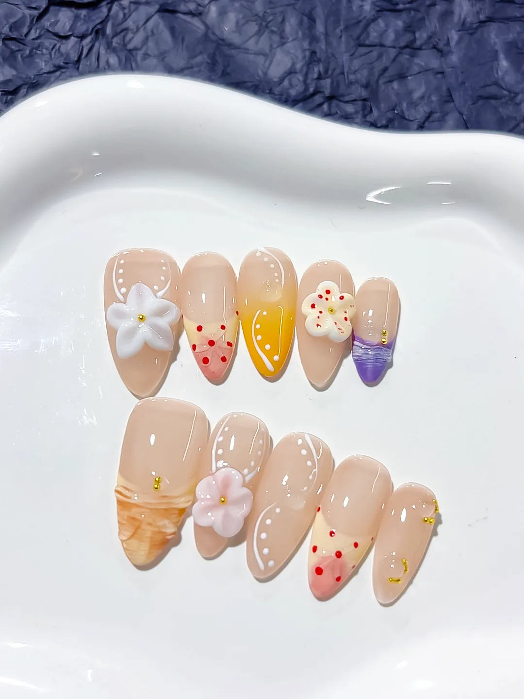 Nude Orange Purple Abstract Flower Dot Pattern press on nails close up