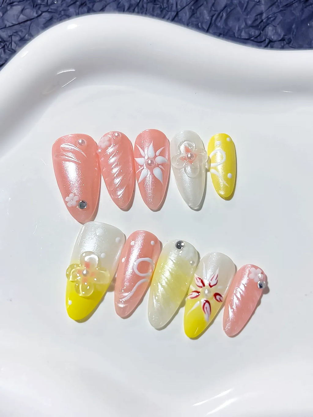 Pink Yellow White Abstract Embossed Flower press on nails detail view