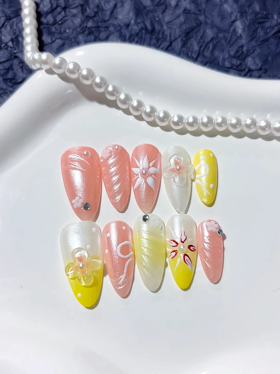 Pink Yellow White Abstract Embossed Flower press on nails detail view
