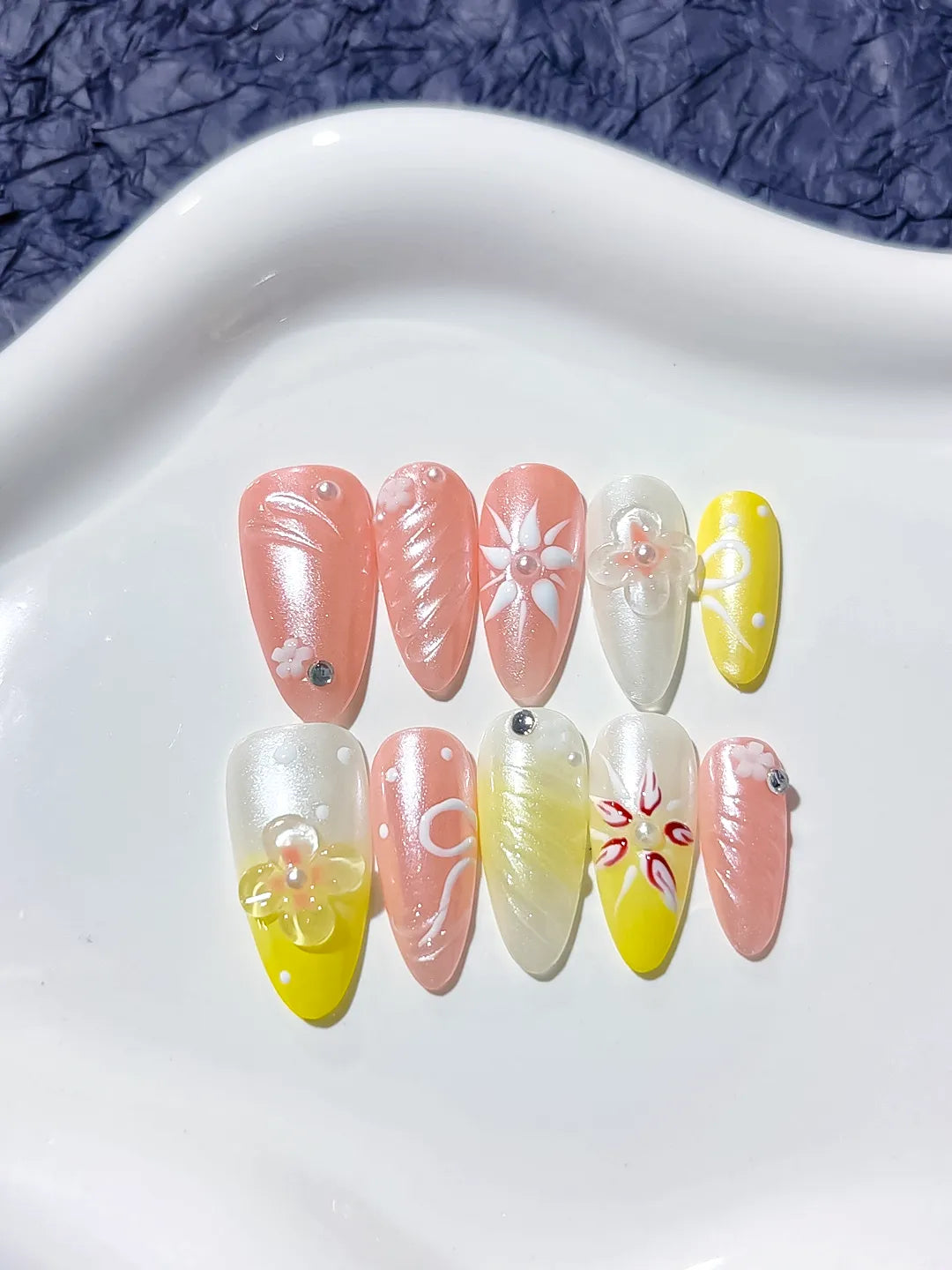 Pink Yellow White Abstract Embossed Flower press on nails close up