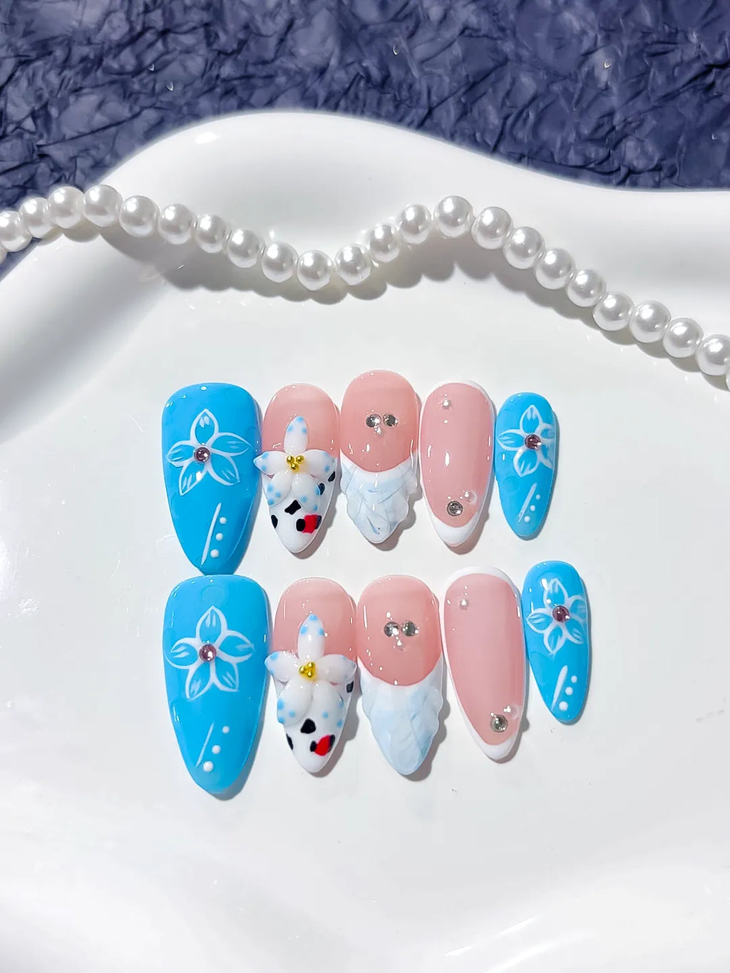 Blue Pink White Floral Flower Rhinestone press on nails close up