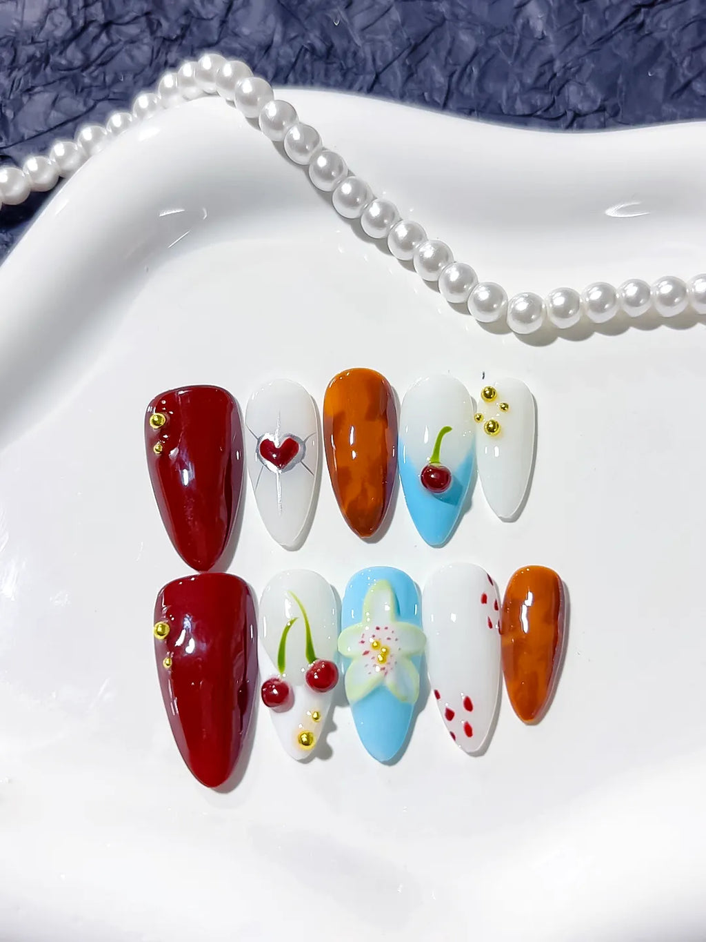 Red Orange Blue White Abstract Cherry Flower Heart press on nails detail view