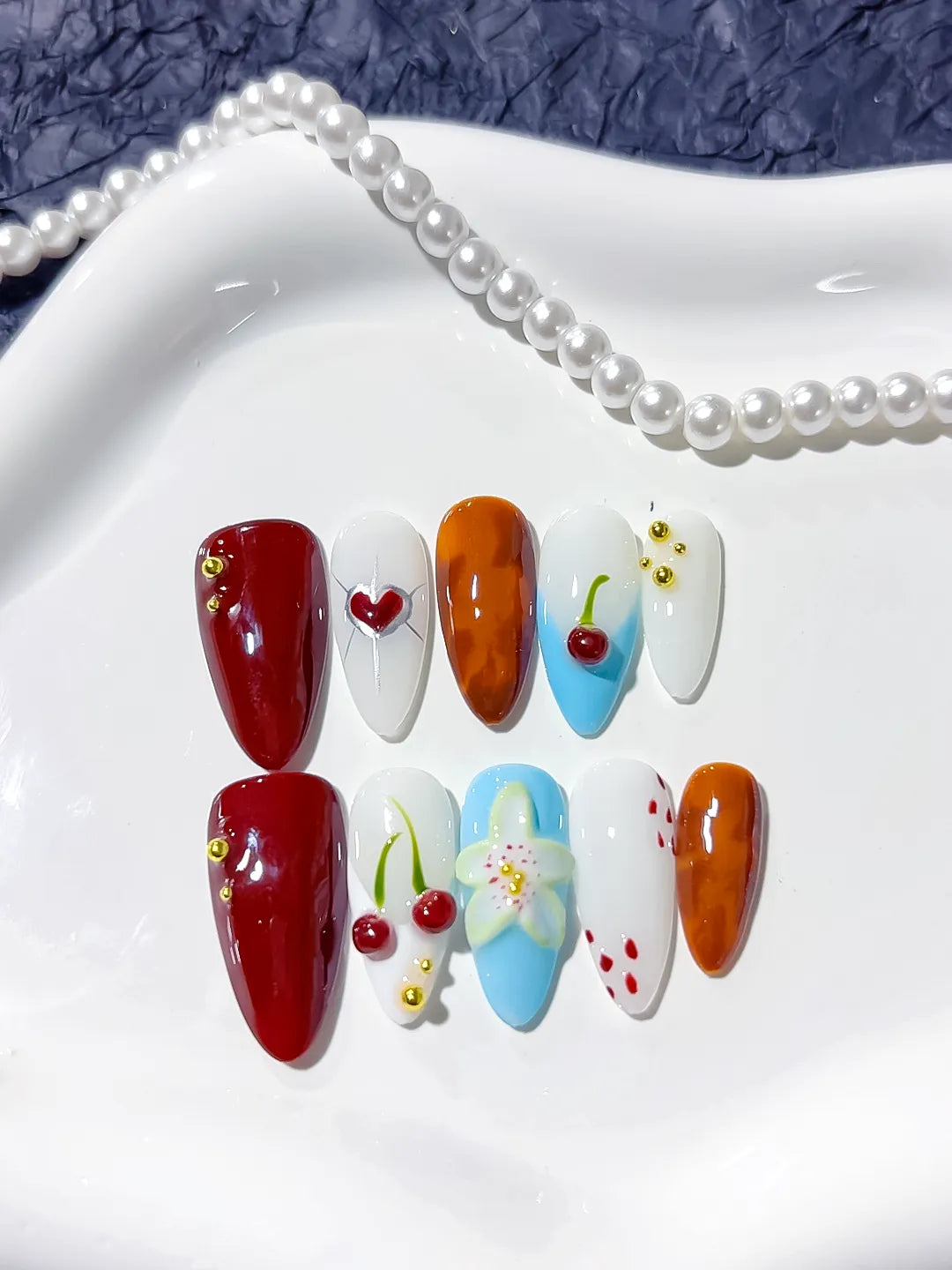 Red Orange Blue White Abstract Cherry Flower Heart press on nails detail view