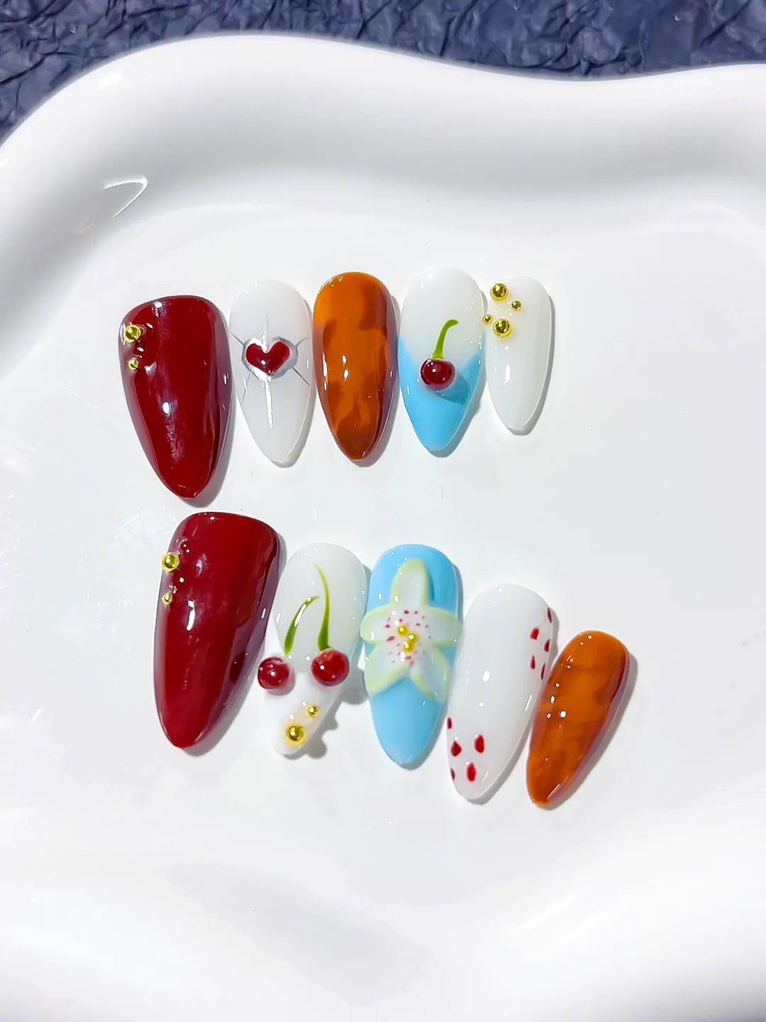 Red Orange Blue White Abstract Cherry Flower Heart press on nails detail view