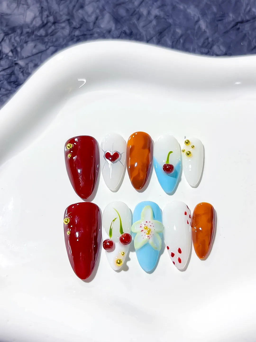 Red Orange Blue White Abstract Cherry Flower Heart press on nails close up