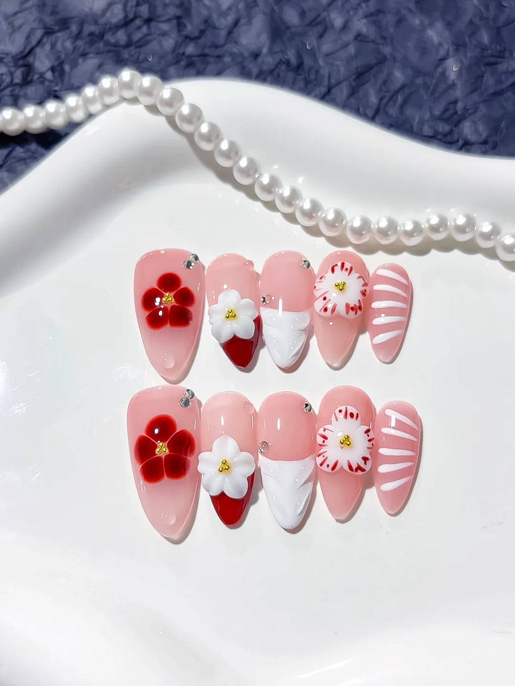 Pink White Red French tip Flower Rhinestone press on nails detail view