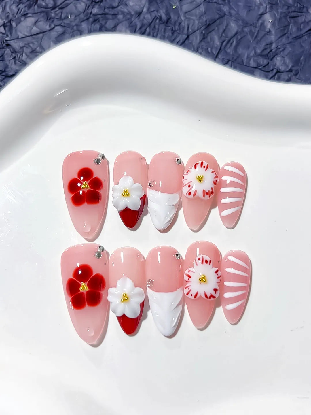 Pink White Red French tip Flower Rhinestone press on nails detail view