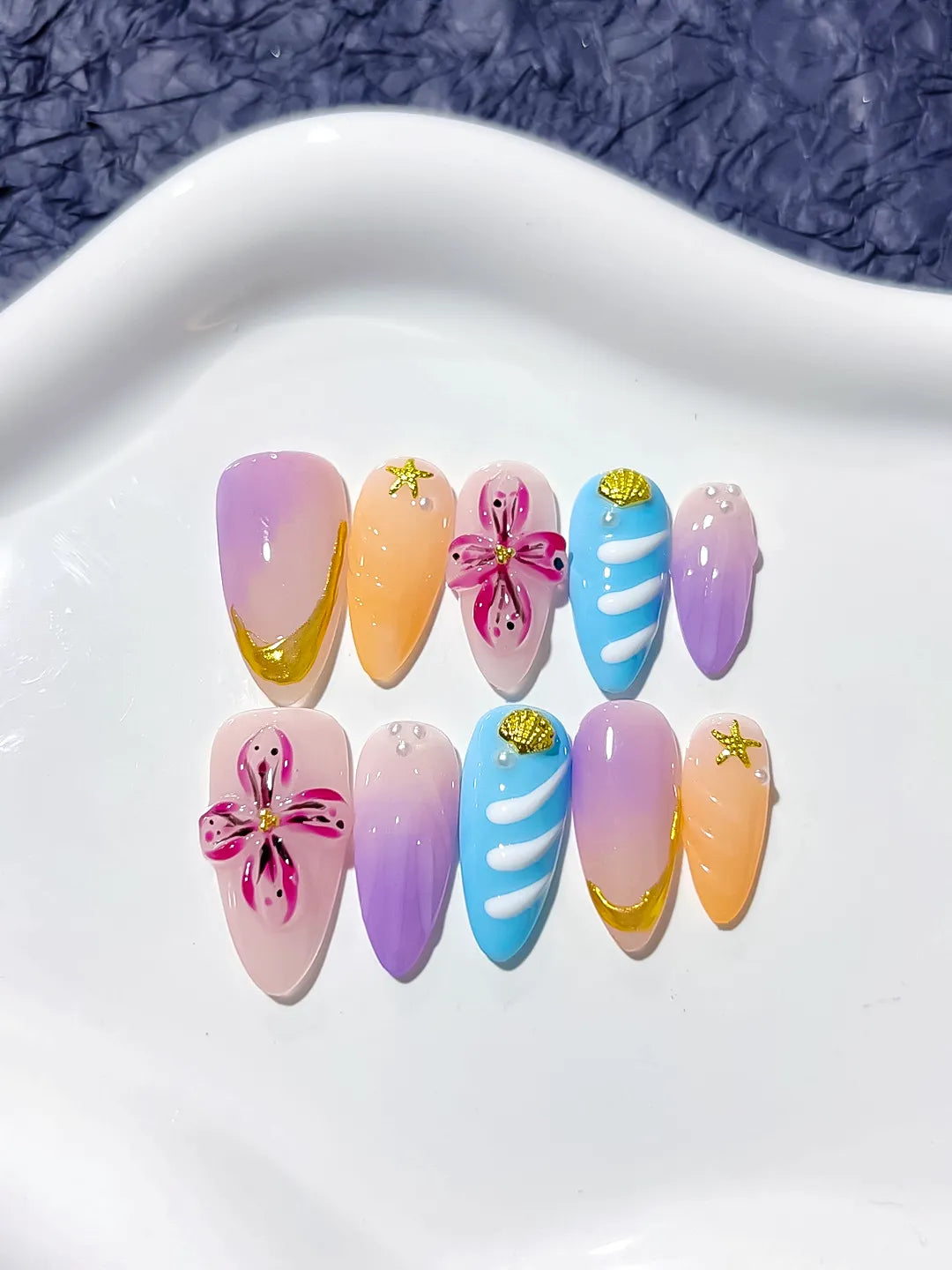 Purple Orange Blue Nude Abstract Flower Star press on nails detail view
