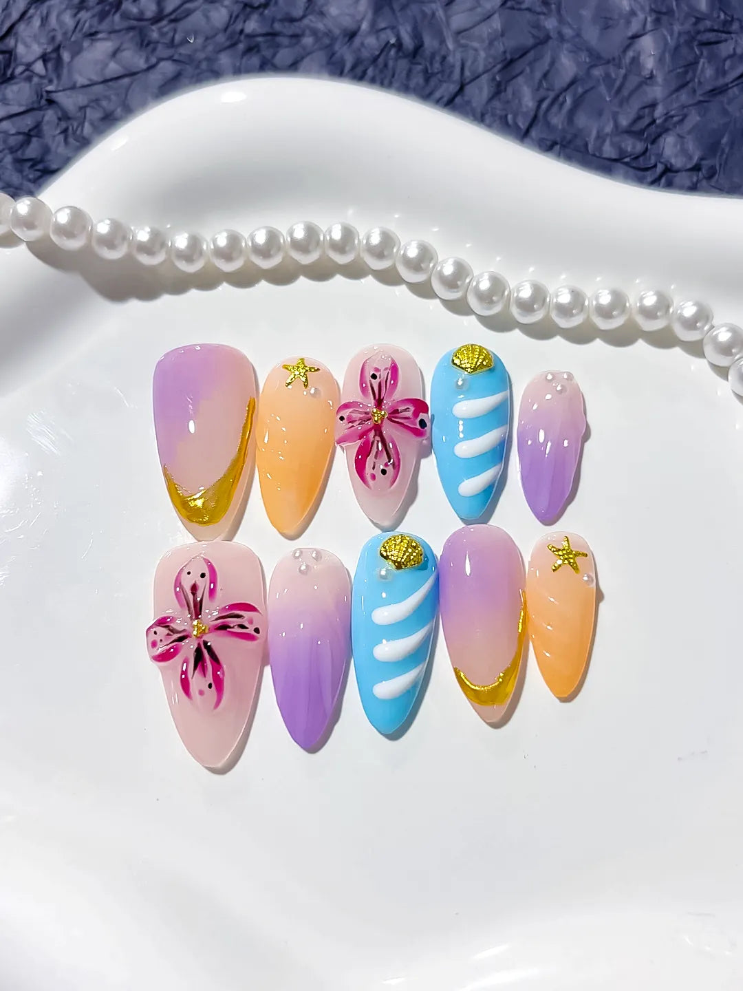 Purple Orange Blue Nude Abstract Flower Star press on nails detail view