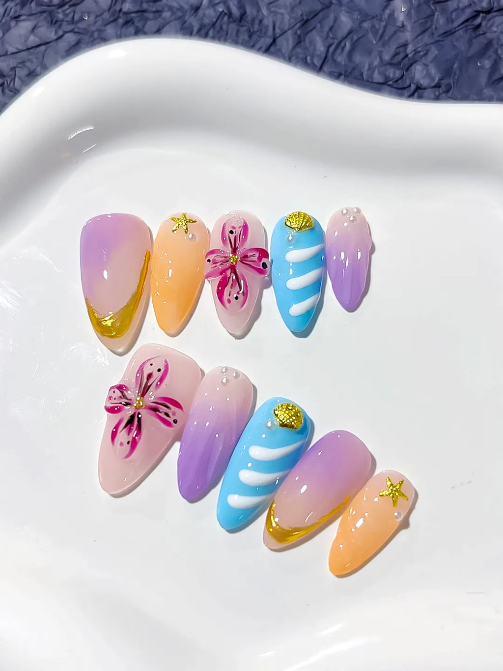 Purple Orange Blue Nude Abstract Flower Star press on nails close up